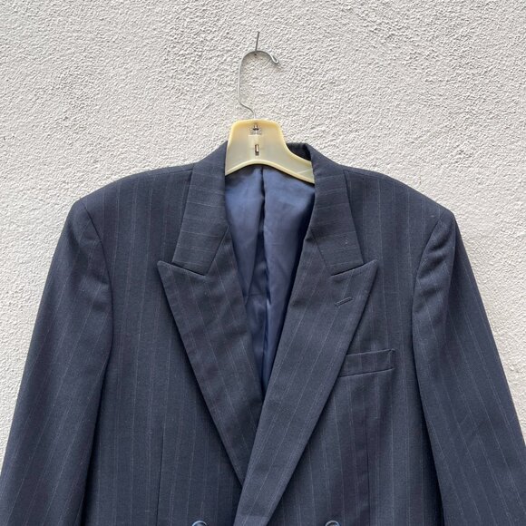Vintage 80s Men's Double Breasted Navy Pinstriped Wool Blend Jacket Blazer 42L - Picture 2 of 7